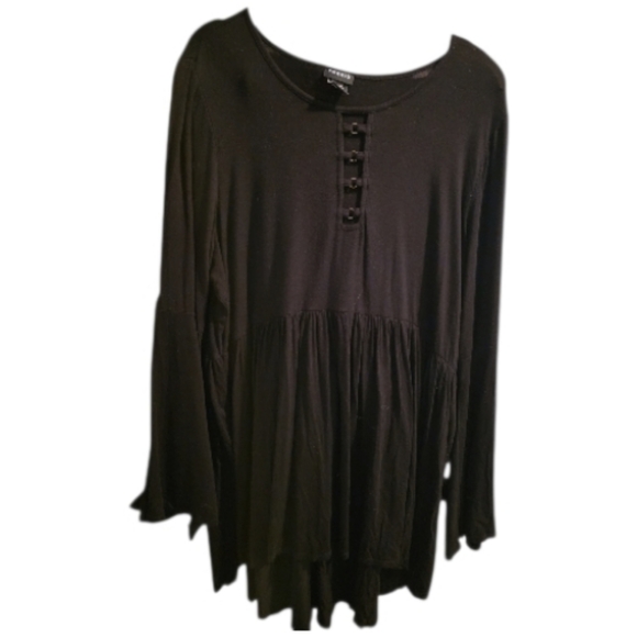 Torrid Super Soft Black Crew Neck O-Ring Babydoll Tunic Top Long Bell Sleeve - Picture 2 of 8